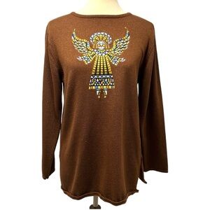 Bob Mackie Wearable Art Brown Metallic Angel Long Sleeve Tunic Top Womens Medium
